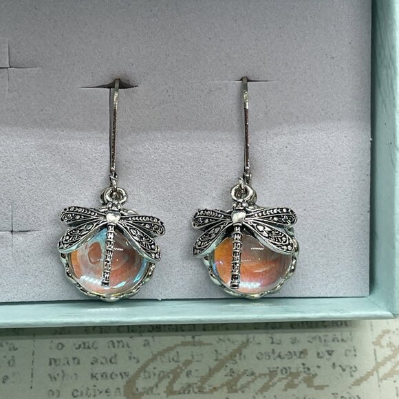 Silver plate Iridescent Dragonfly Wire Opal Earrings Fall Gift Mom Birthday Wife - Picture 5 of 16